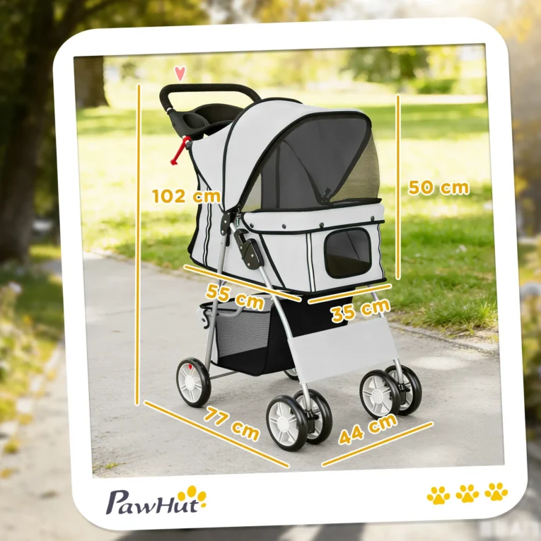 Folding Pet Stroller with Reflective Strips and Basket – Grey