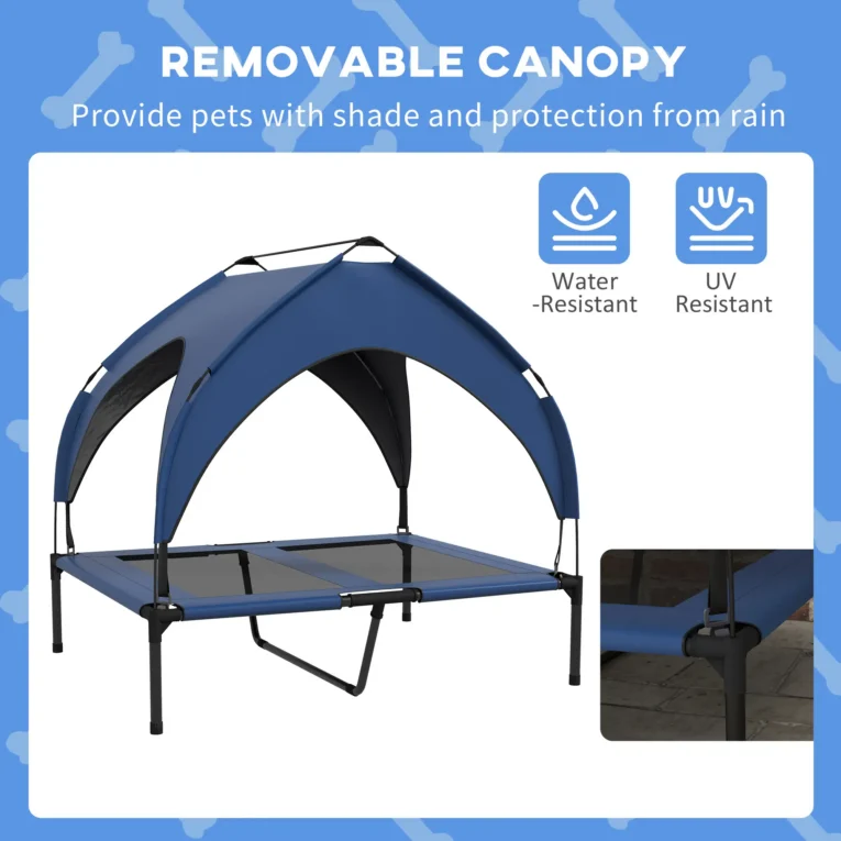 Raised Dog Bed with Canopy – Dark Blue, 91 × 76cm