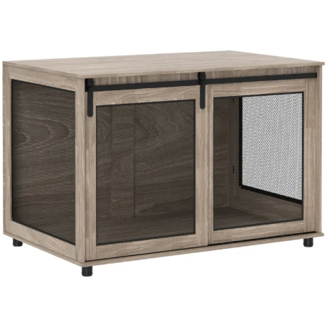 Two-Door Dog Crate Side Table – Walnut Brown, 118cm