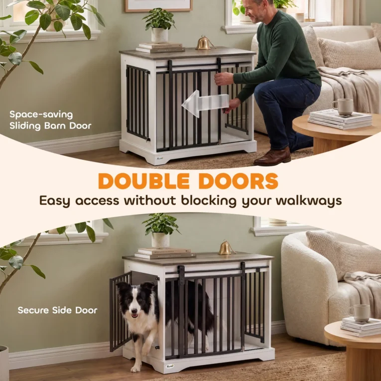 Dog Crate Side Table with Sliding Barn Door – White, 80cm