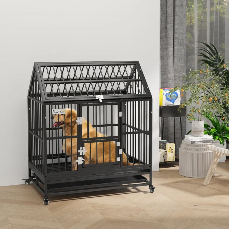Heavy Duty Dog Crate on Wheels with Tray 43″ – Black
