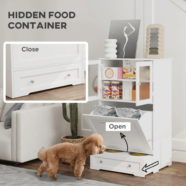 Tall Pet Feeding Cabinet with Hidden Bowls – White, 100cm