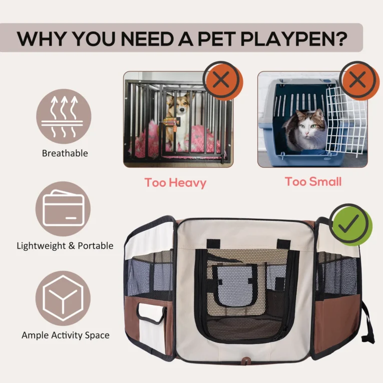 Folding Fabric Pet Playpen with Mesh Panels – Brown, 90cm