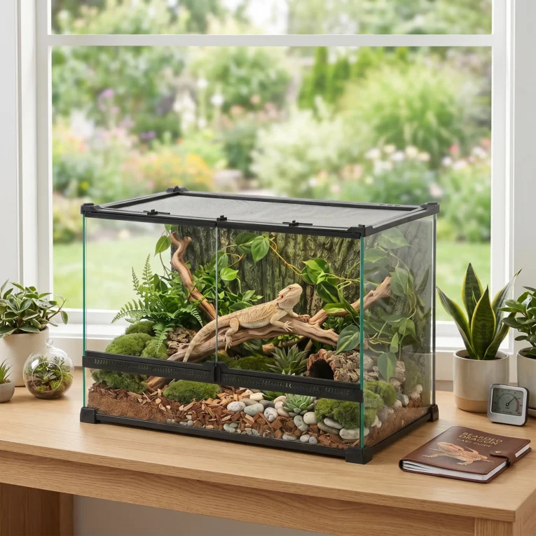 Glass Reptile Terrarium with Bark-Effect Background – Black, 50 × 30 × 35cm