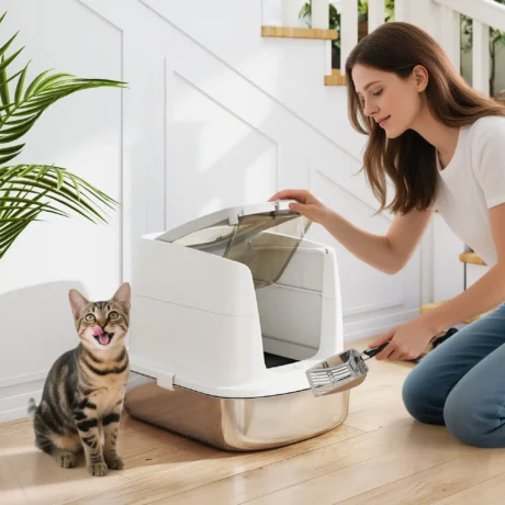 Covered Steel Cat Litter Box with Top Exit – White, 52cm