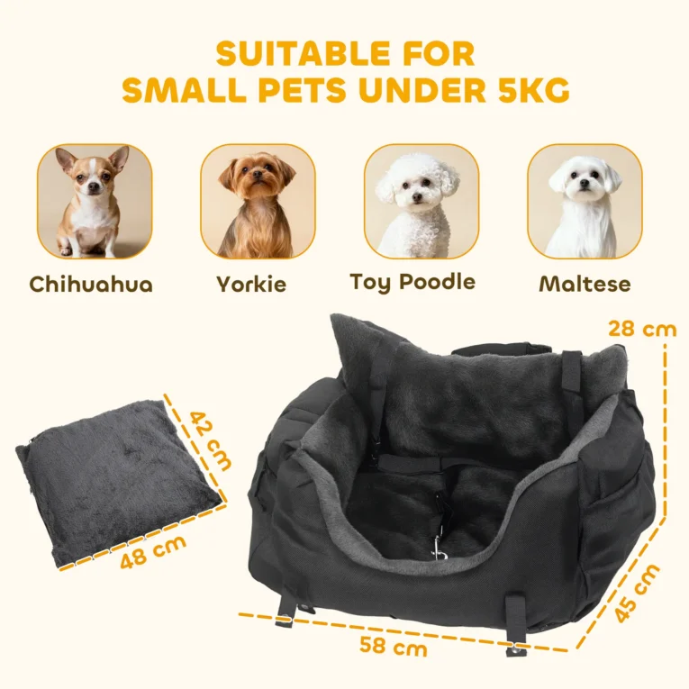 Padded Dog Car Seat with Washable Cover – Black, 58cm