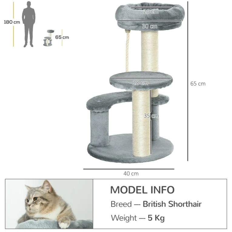 Compact Cat Tower with Sisal Posts and Hanging Rope – Grey, 65cm
