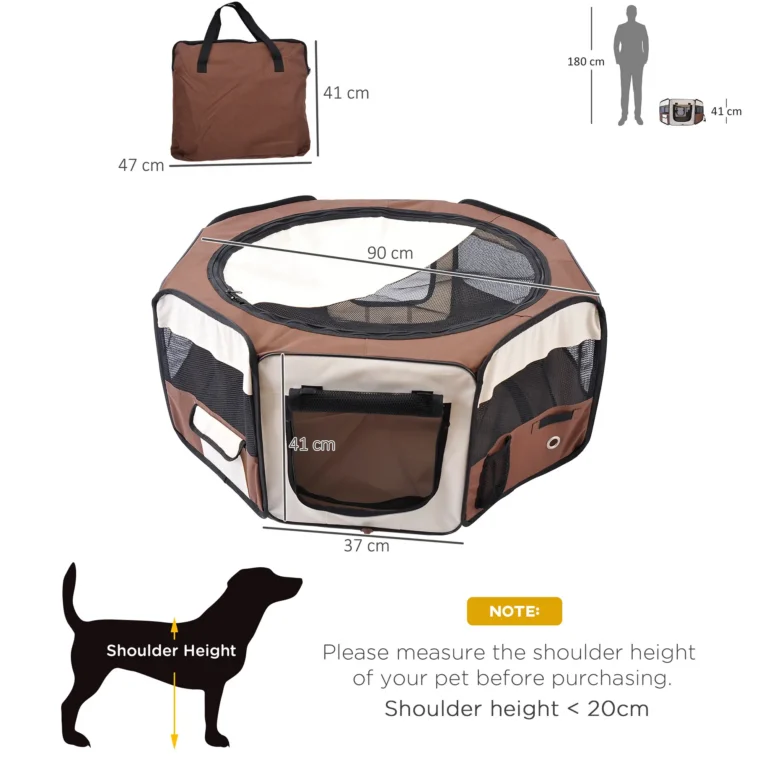 Folding Fabric Pet Playpen with Mesh Panels – Brown, 90cm