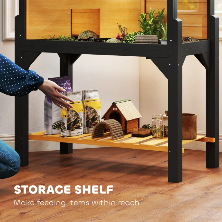 Wooden Tortoise House with Shelf and Lamp Holder – Yellow, Black