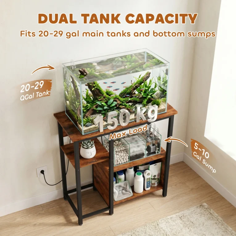 Aquarium Stand with Storage and Power Outlets – Tiger Wood Effect