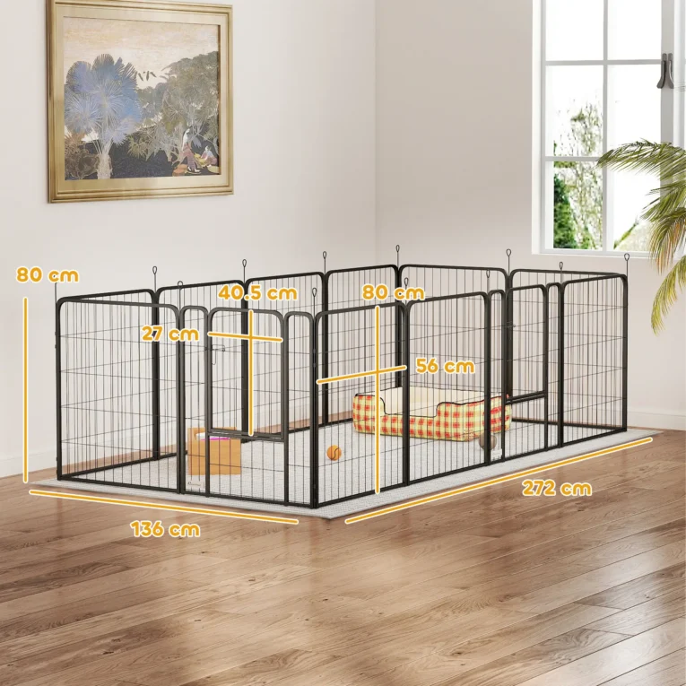 Twelve-Panel Steel Dog Playpen with Two Gates – Black, 80cm High
