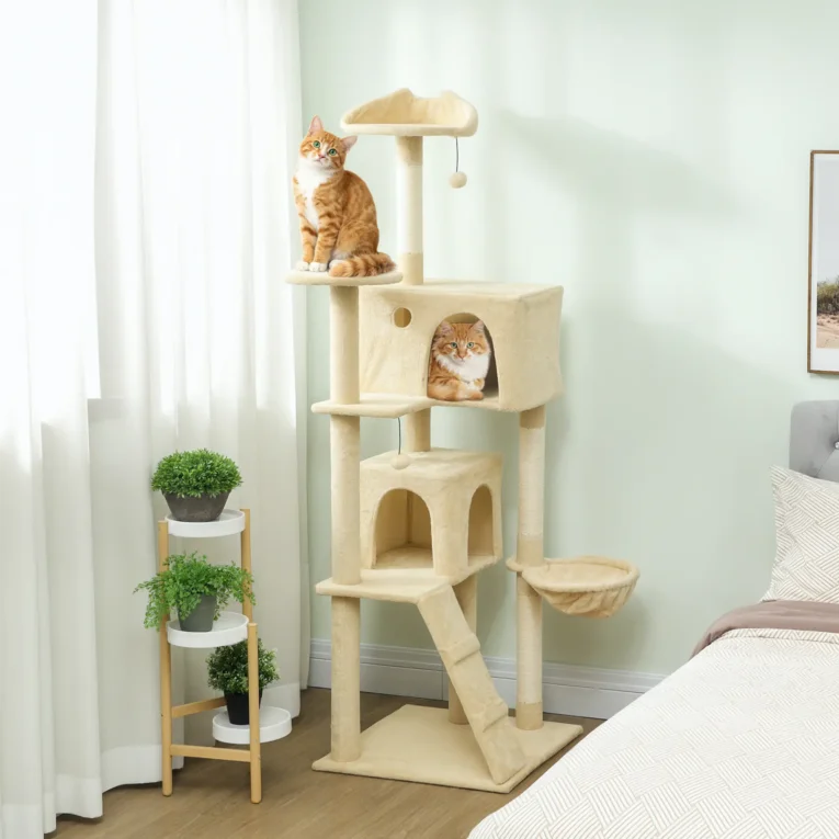 Tall Cat Tower with Two Dens and Hammock – Beige, 180cm