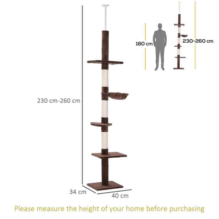 5-Tier Cat Tree Adjustable Height 230-260cm – Brown and white
