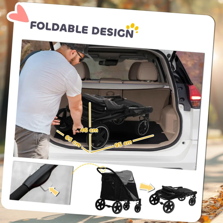 Folding Dog Stroller with Large Cabin – Grey and Black, 30kg