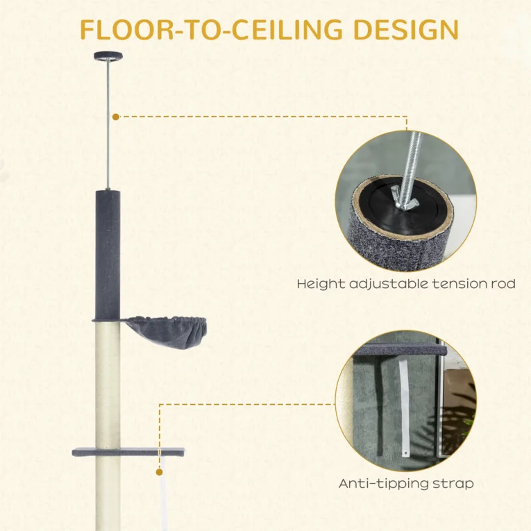Adjustable Ceiling Cat Tree with Bed and Hammock – Dark Grey, 240–270cm