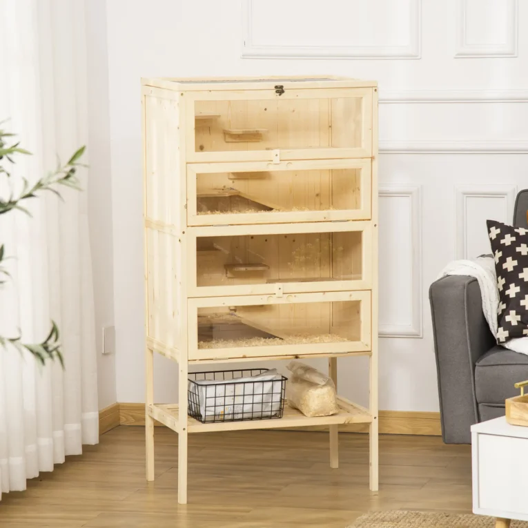 Four-Level Wooden Small Rodent Enclosure with Storage Shelf – Natural