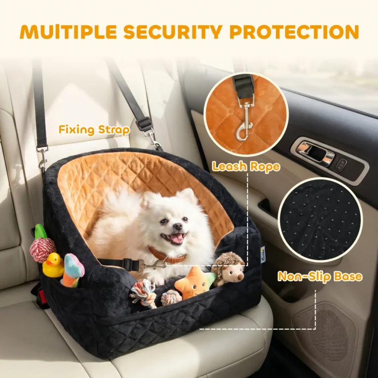 Cushioned Dog Car Booster Seat with Pockets – Brown, 50cm