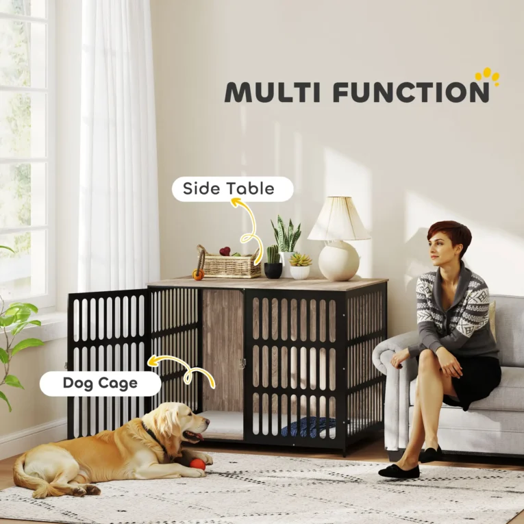 Large Dog Crate Furniture with Steel Mesh – Walnut Brown, 118cm