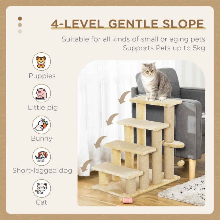 Four-Step Cat Stairs with Play Platform – Beige, 64cm