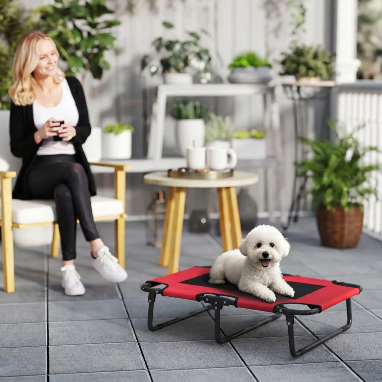 Folding Elevated Dog Bed with Mesh Centre – Red, 75cm