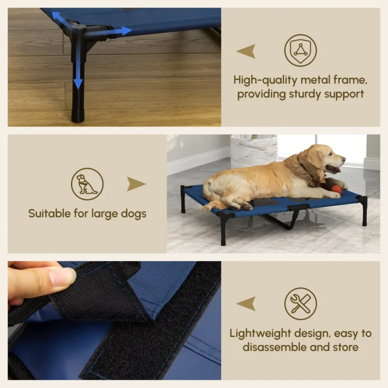 Raised Dog Bed Portable Cot Large – Blue and Black