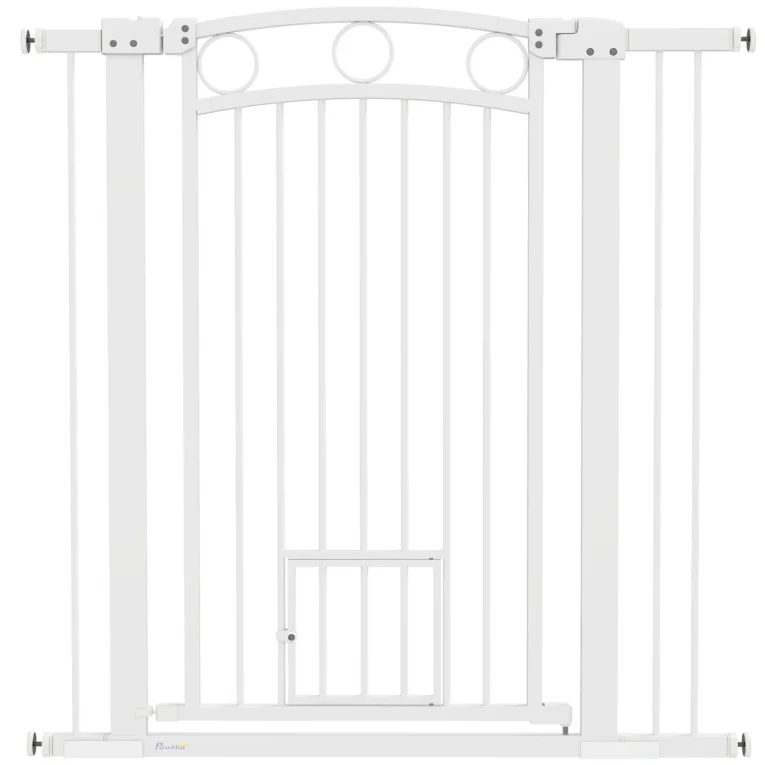 106cm Tall Dog Gate with Cat Door and Extensions – White, 76–104cm 106cm Tall Dog Gate with Cat Door and Extensions – White, 76–104cm