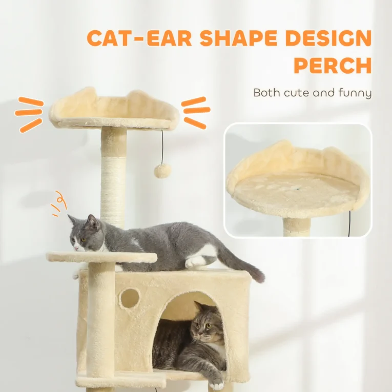 Cat Climbing Tower with Dens and Hammock – Beige, 160cm Cat Climbing Tower with Dens and Hammock – Beige, 160cm