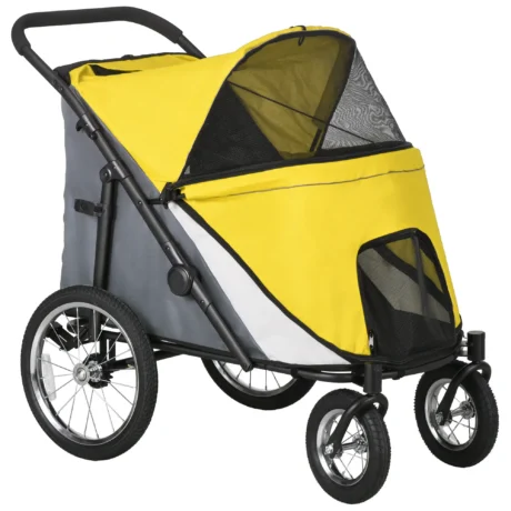 Folding Large Pet Stroller with Inflatable Wheels – Yellow, 30kg