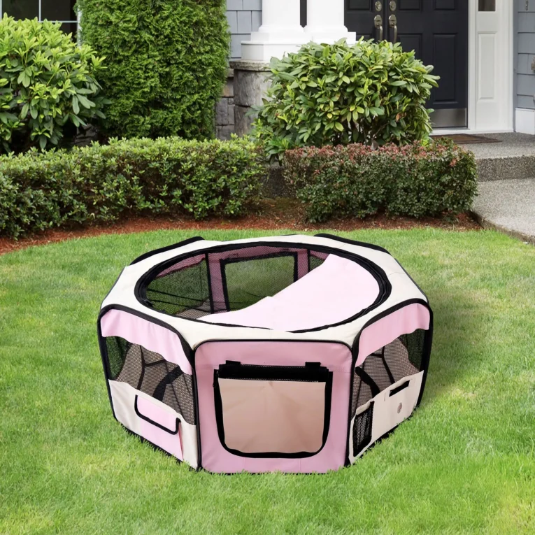 Portable Pet Playpen Dia 90x41cm Indoor Outdoor – Beige and Pink