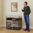 Dog Crate Table with Shelves and Rotating Bowls – Rustic Brown