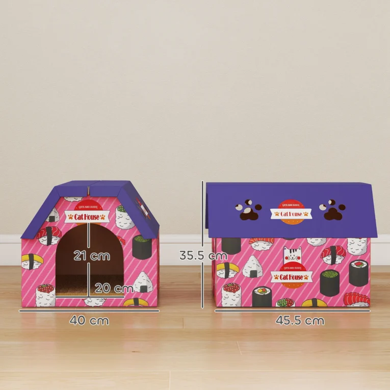 Cardboard Cat Hideaway with Scratching Base – Pink and Purple