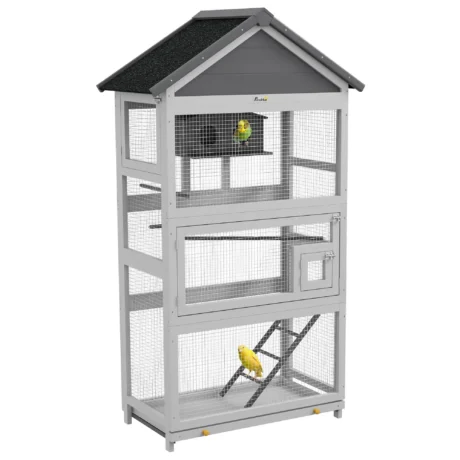Wooden Bird Enclosure with Perches and Shelter – Grey, 171cm