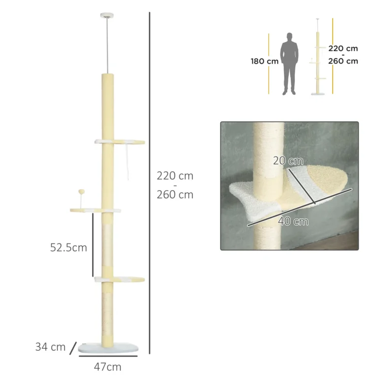 Adjustable Ceiling Cat Tree with Sisal Posts – Yellow, 220–260cm