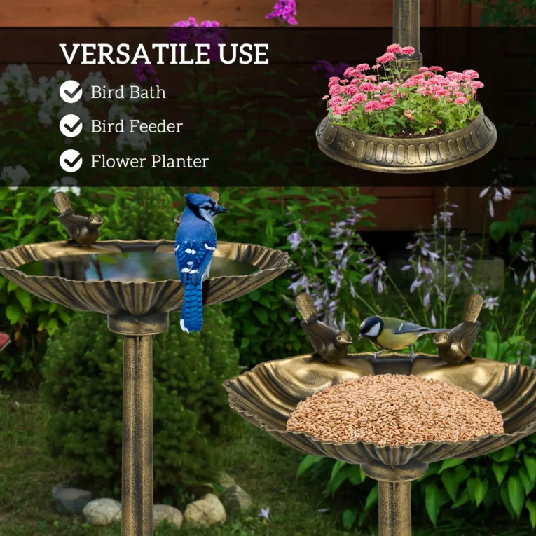 Garden Bird Bath with Two Bird Decorations – Bronze Tone, 81cm