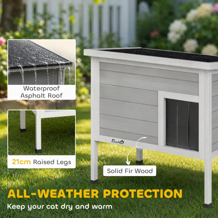 Insulated Wooden Cat Shelter with Escape Door – Grey, 68cm