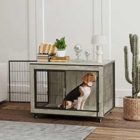Dog Crate Furniture with Front and Side Doors – Grey, 80cm