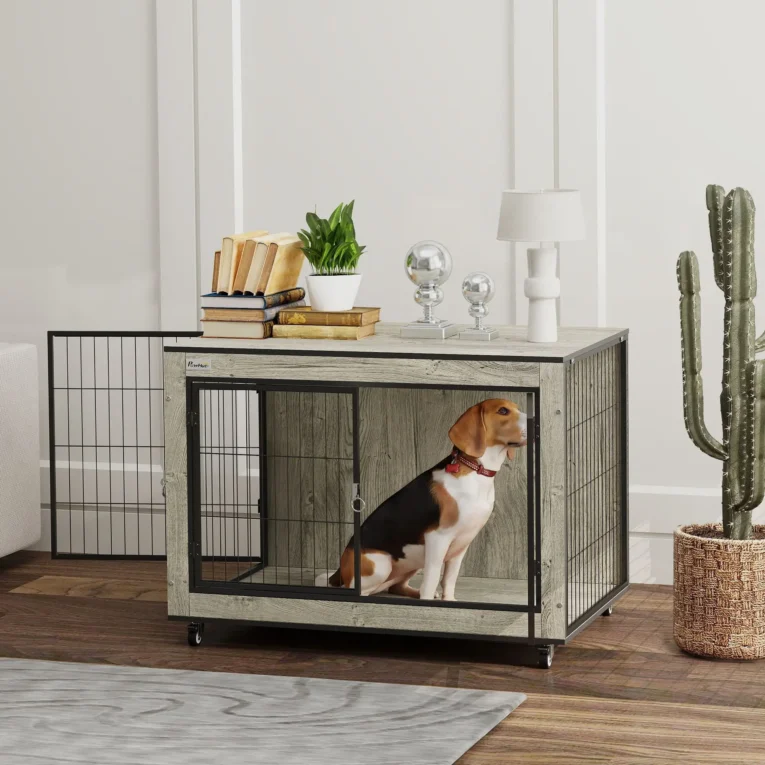 Dog Crate Furniture with Front and Side Doors – Grey, 80cm