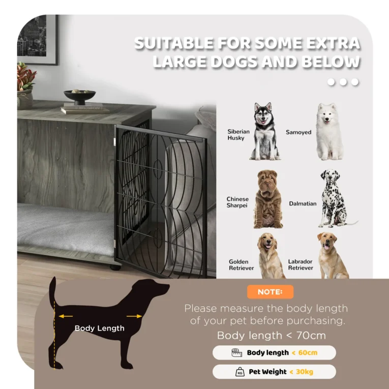XL Dog Crate End Table with Cushion – Grey Wood Effect, 118cm