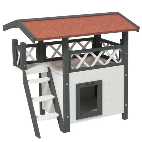 Two-Level Outdoor Cat House with Balcony and Steps – White