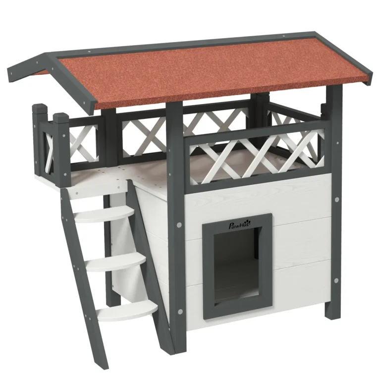 Two-Level Outdoor Cat House with Balcony and Steps – White