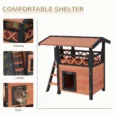 Outdoor Wooden Cat House with Balcony and Steps – Brown
