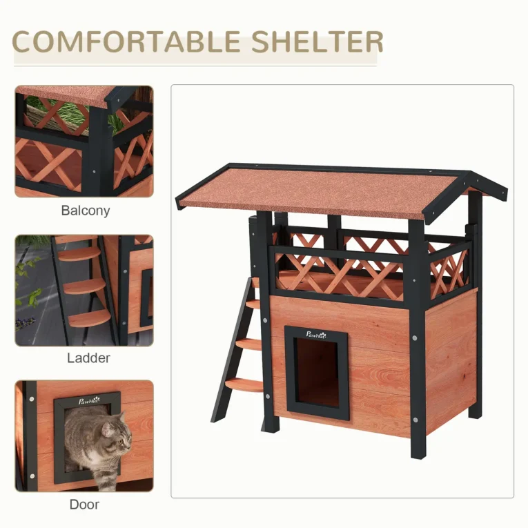 Outdoor Wooden Cat House with Balcony and Steps – Brown