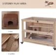 Three-Level Wooden Rodent Enclosure with Wheels and Tray – Natural, 99cm