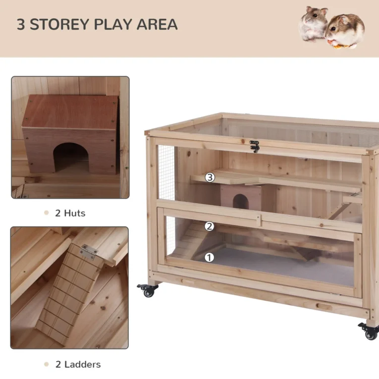 Three-Level Wooden Rodent Enclosure with Wheels and Tray – Natural, 99cm Three-Level Wooden Rodent Enclosure with Wheels and Tray – Natural, 99cm