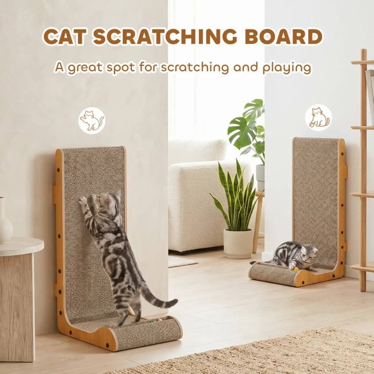 Wall-Mounted Cardboard Cat Scratcher with Ball Track – Brown