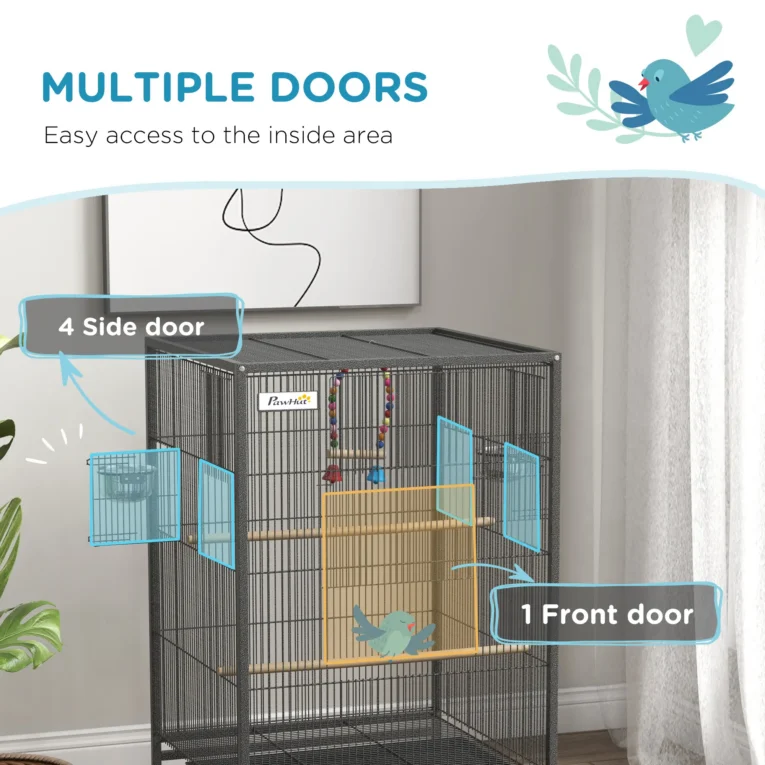 Compact Bird Cage with Wheels, Perches and Swing – Grey
