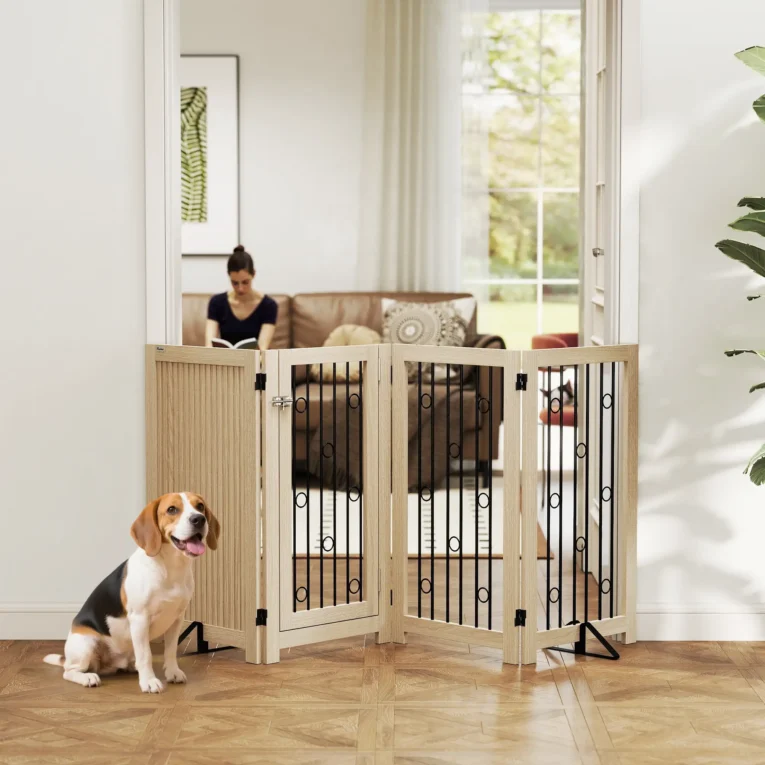 Four-Panel Folding Dog Gate with Door – Oak Tone, 91.5cm High