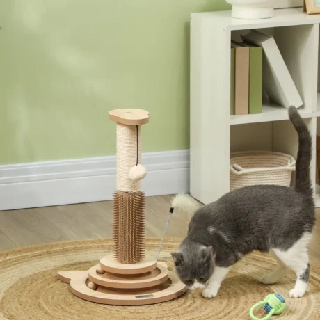 Cat Scratching Post with Grooming Brush and Ball Tracks – Oak, 49cm
