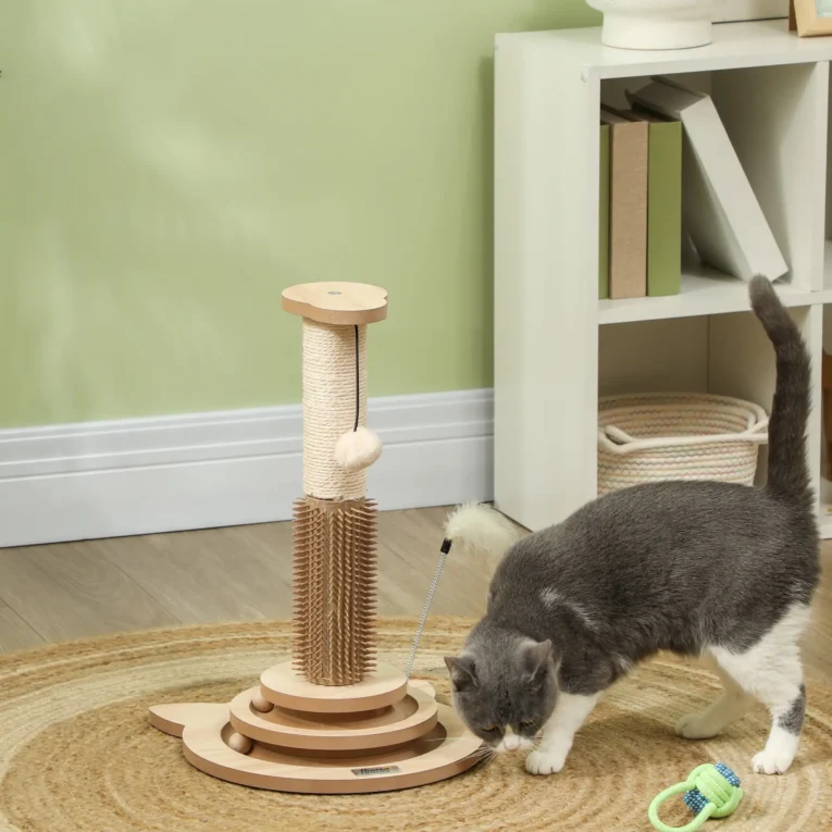 Cat Scratching Post with Grooming Brush and Ball Tracks – Oak, 49cm