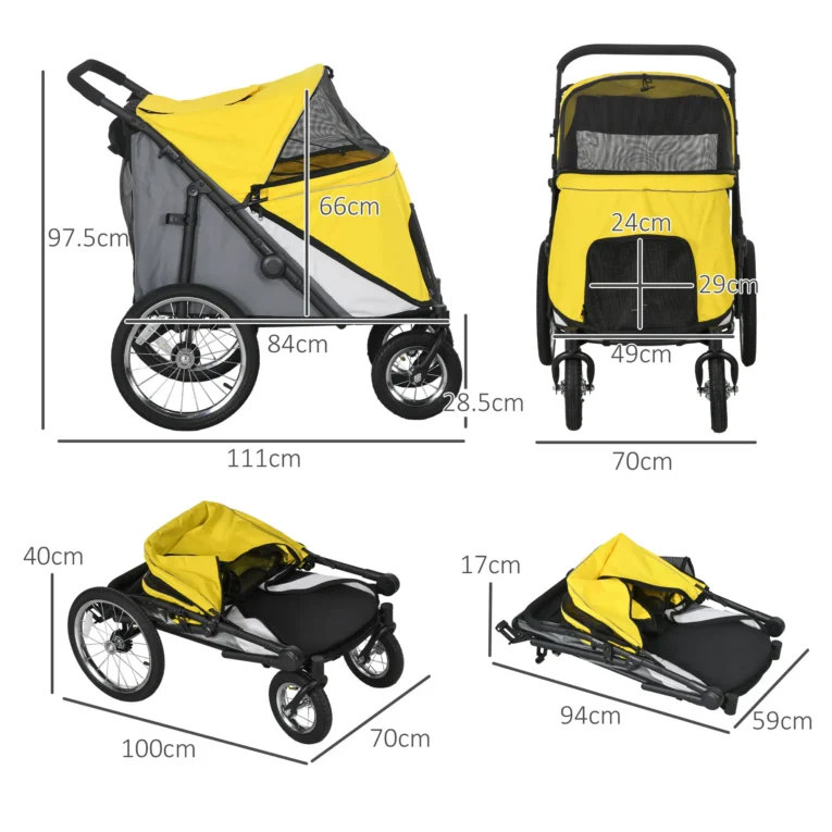Folding Large Pet Stroller with Inflatable Wheels – Yellow, 30kg